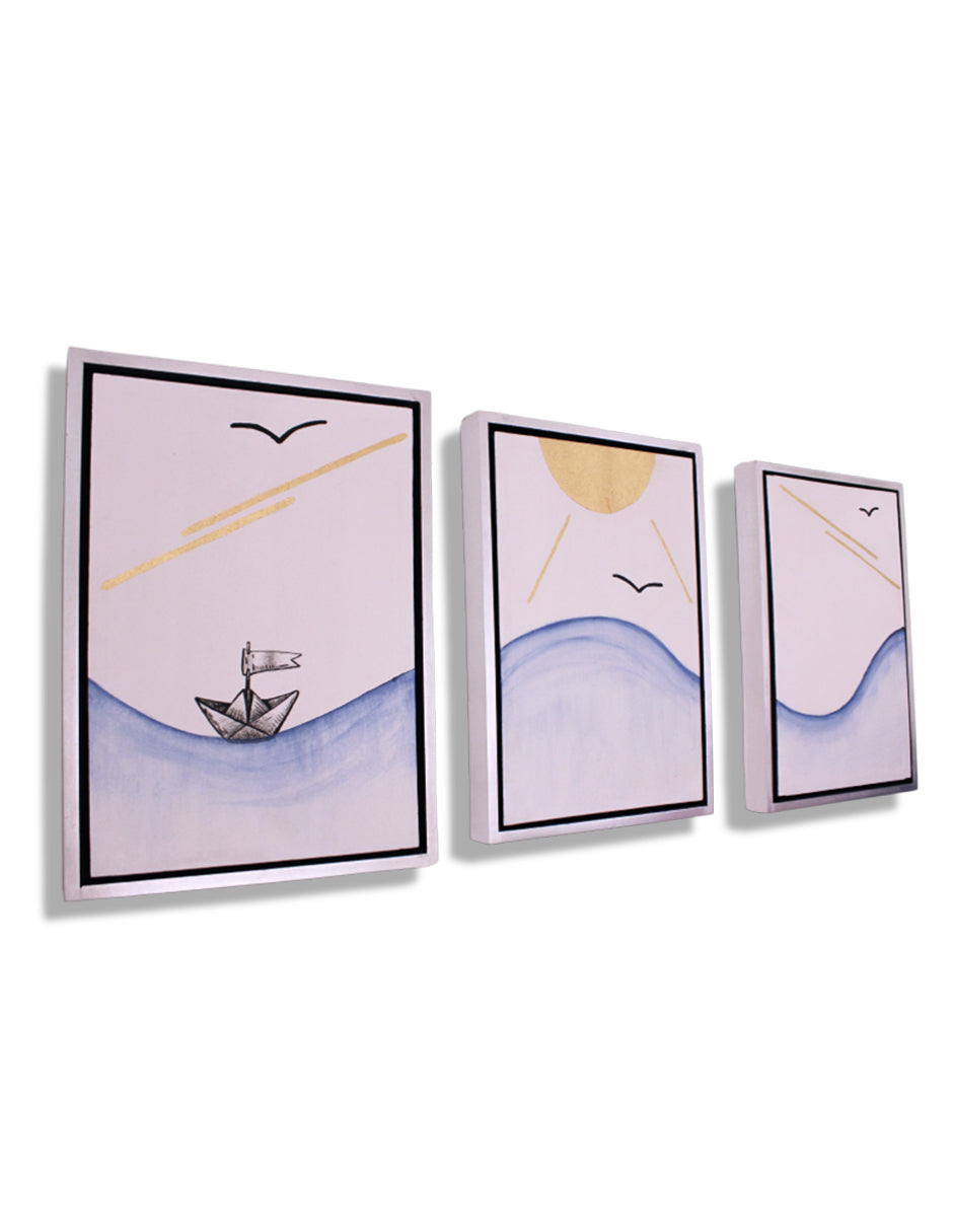 Set De 3 Cuadros Decorativos Barquito De Papel