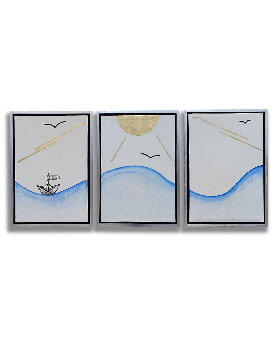 Set De 3 Cuadros Decorativos Barquito De Papel